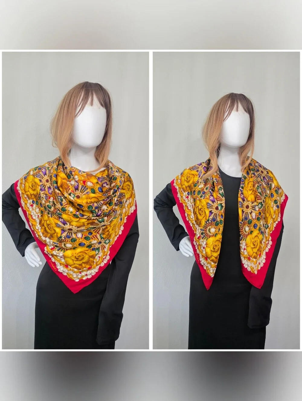 Auth Chanel Camellia And Jeweled Floral Silk Scarf with Gold Roses
